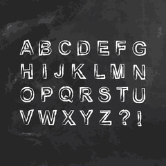 Vector chalk style alphabet isolated letters on textured blackboard. ABC grunge design on shchool board. Hand driwind font. 