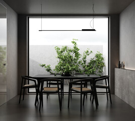 Dark dining room interior background with big window, 3d render