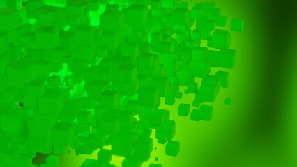 Randomly placed green cubes with blue illumination under green-black background. Concept 3D illustration of block chain, metabase technology and data mining.