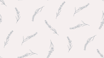Calm simple baby lavender pattern design with flowers. Relax floral pattern ideal for fabric, packaging, baby products, wedding, wallpaper, etc. Herb minimalistic.