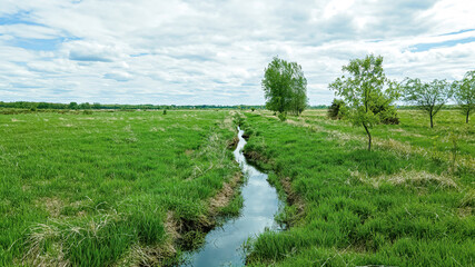 Stream runs through a green grassy landscape