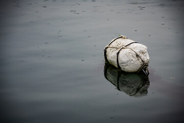 Styrofoam float on a calm rainy day in Japanese fishing port