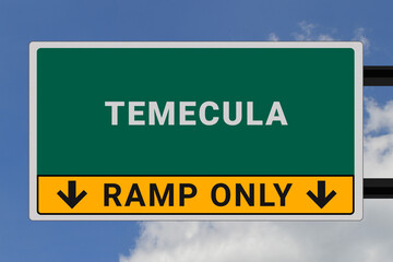 Temecula logo. Temecula lettering on a road sign. Signpost at entrance to Temecula, USA. Green pointer in American style. Road sign in the United States of America. Sky in background