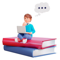 3d render Online courses with students sitting on books pile with laptops notebooks