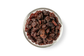 Raisins in glass bowl isolated on white background. Top view