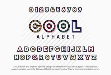 Cool Alphabet. Modern typeface font effect in bold and different colors for cheerful and fun concepts. Full set of numbers and letters