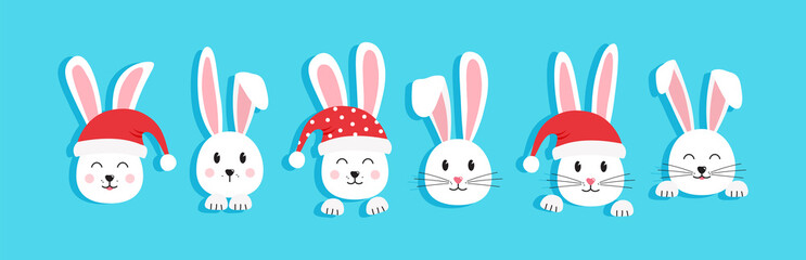 Christmas bunny vector icon, rabbit in Santa Claus hat. Symbol New Year 2023 on blue background. Cute animal holiday illustration