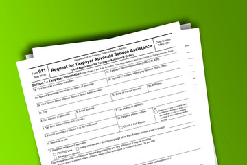 Form 911 documentation published IRS USA 43682. American tax document on colored