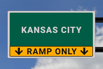 Kansas City logo. Kansas City lettering on a road sign. Signpost at entrance to Kansas City, USA. Green pointer in American style. Road sign in the United States of America. Sky in background