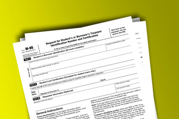 Fototapeta na wymiar Form W-9S documentation published IRS USA 43081. American tax document on colored