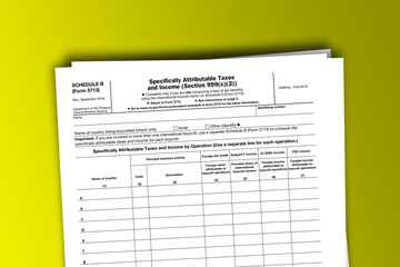 Form 5713 (Schedule B) documentation published IRS USA 43199. American tax document on colored