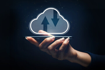 Cloud technology system is computing sharing management for upload download transfer electronic information and application. Hand holding smartphone with virtual cloud illustration icon.