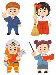 こども職業体験　ビジネスマン　巫女　消防士　教師