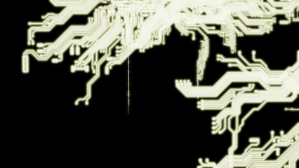 Circuit technology yellow　illuminated line under black background with hi-tech digital data connection system and computer electronic desing. 3D illustration. 3D CG. High quality rendering.