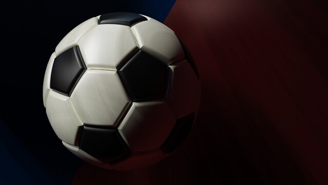 White-black soccer ball on blue-red surface under spot lighting background. 3D illustration. 3D high quality rendering.