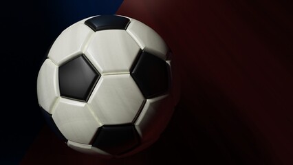 White-black soccer ball on blue-red surface under spot lighting background. 3D illustration. 3D high quality rendering.