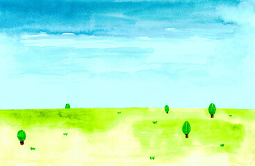 青い空と野原　水彩背景イラスト