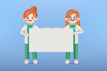 3d illustration cartoon cute doctor women holding placard character. 3d vector cartoon people design.