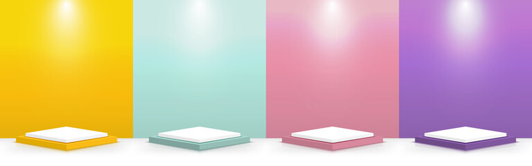 Set of Yellow, Green, Pink, Purple, scene background with square stage podium minimal style.