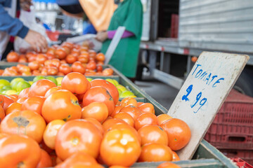 Tomato price on a white price board at a street fair in Caxias do Sul, Brazil. Brazilian inflation....