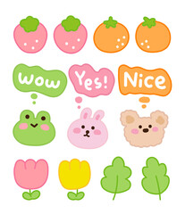 Hand drawn cute animal character illustration set. Frog, rabbit, puppy, strawberry, orange, flower, leaf collection.