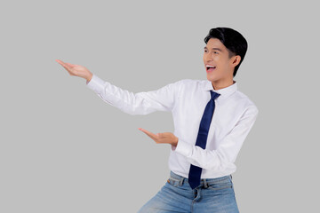 Portrait young asian business man presenting isolated on white background, advertising and marketing, executive and manager, businessman confident showing success, expression and emotion.