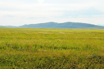 A flat valley of low green grass at the foot of a mountain range.