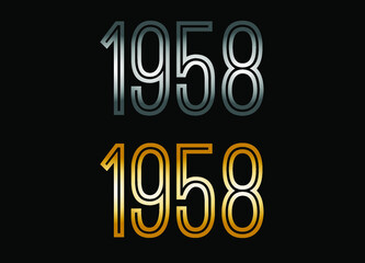 1958 year set. Year in silver metal and golden gold for anniversary date on black background.