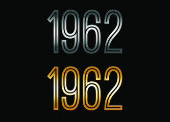 1962 year set. Year in silver metal and golden gold for anniversary date on black background.