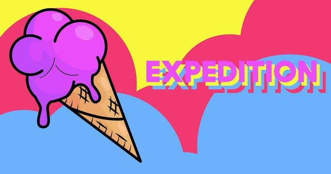 Ice Cream with Expedition text. Colorful animated summer sweet food cartoon. 4k resolution animation, moving image.