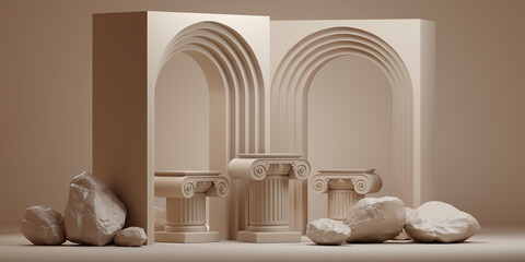 3d luxury podium and stone cosmetic background. 3d podium classic style for branding and product presentation. 3d rendering illustration.