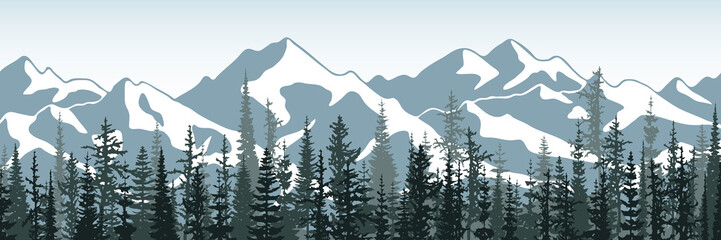 Snow covered mountain ranges and forest in the foreground, panoramic view, vector illustration
