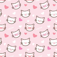 Seamless Pattern with Cartoon Cat Face and Heart Design on Pink Background