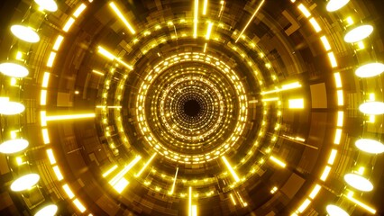 Gold light cyber tunnel with flying electronic data