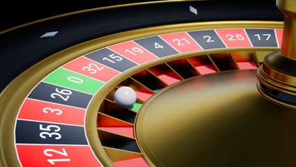 Obraz premium A white ball stopped at the number zero on a gold and black roulette wheel, 3d rendering