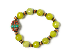 Lemon Green Agate gemstone with ceramic and gold bead bracelet on white background. Collection of natural gemstones accessories. Studio shot