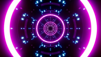 Tunnel decorated with neon purple circle lights and blue dot lamps