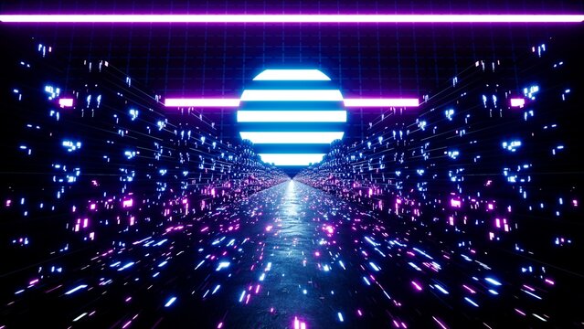 Retro style neon data city 3d render