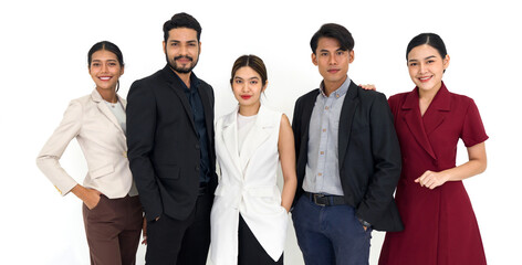 Team of successful young people standing together. Portrait on white background with studio light.