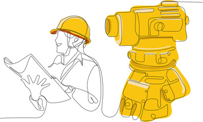 Close up of young Caucasian worker with helmet on head using tablet for work while standing in warehouse. Surveyor with a tripod icon. Geodesic tripod. Vector illustration