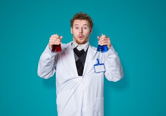 Crazy chemist after laboratory explosion. Mad wacky lab worker after failed laboratory experiment