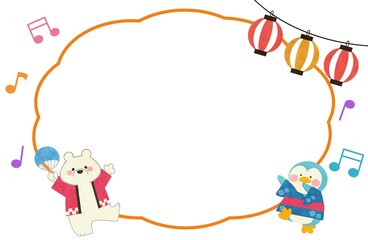 吹き出しと浴衣を着たシロクマ・ペンギンのフレームイラスト