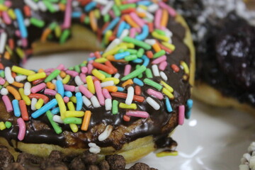 Close up of colorful donuts