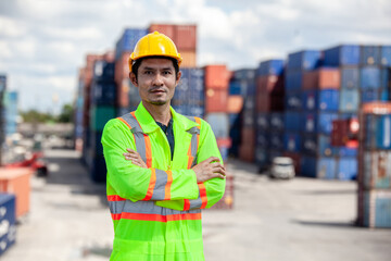 Foreman containers cargo inspector working. Cargo freight ship for import export. concept shipping,...