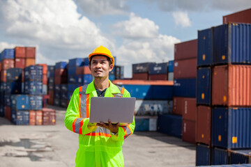 Foreman containers cargo inspector working. Cargo freight ship for import export. concept shipping,...