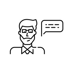 Man wearing a tie and glasses sharing information in chat form. Pixel perfect, editable stroke line icon