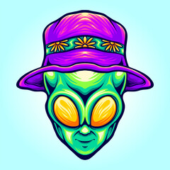 Funky alien head with summer beach hat Vector illustrations for your work Logo, mascot merchandise t-shirt, stickers and Label designs, poster, greeting cards advertising business company or brands.