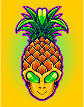 Alien head with pineapple fruit Vector illustrations for your work Logo, mascot merchandise t-shirt, stickers and Label designs, poster, greeting cards advertising business company or brands.