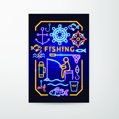 Fishing Neon Flyer. Vector Illustration of Fish Promotion.