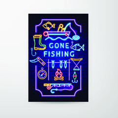 Gone Fishing Neon Flyer. Vector Illustration of Fish Promotion.